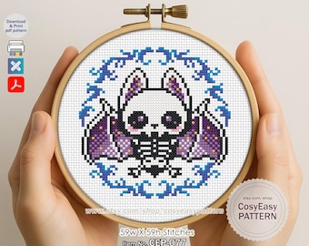 CEP-077 'A Noite Assustadora' Padrão de Ponto Cruz em PDF Morcego de Halloween para Iniciantes cosyeasypattern
