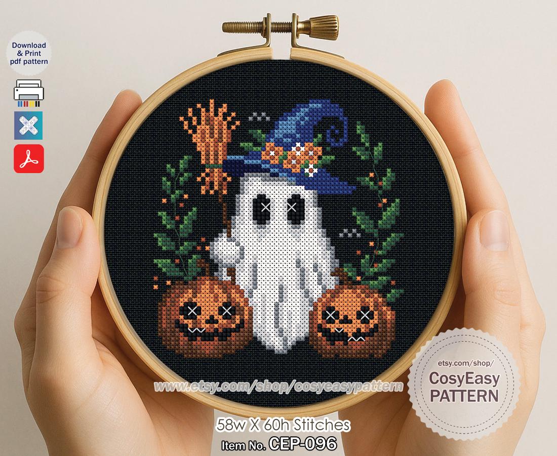 CEP-096 'A Witch Ghost' Cross Stitch Pattern Pdf Halloween Pumpkin ...