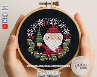 Patrón de punto de cruz CEP-112 'Navidad y Papá Noel' (PDF) Adorno para árbol cosyeasypattern