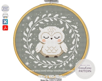 CEP-055 'White Owl' Cross Stitch Pattern pdf Monotone Animal Modern