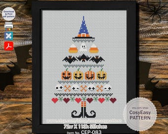 Patrón de punto de cruz CEP-083 'Árbol de Halloween' (PDF) Calavera de bruja espeluznante