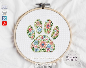 CEP-056 'Flower Footprint' Cross Stitch Pattern pdf Puppy Dog Paw