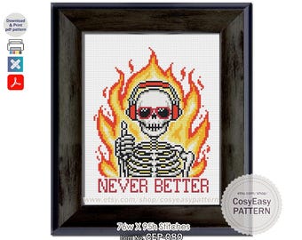 CEP-080 'Never Better' Padrão de Ponto Cruz em PDF - Meme Engraçado de Caveira de Esqueleto em Chamas - cosyeasypattern