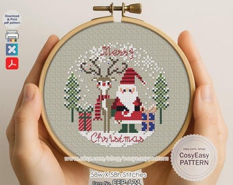 CEP-121 'Papai Noel e uma Rena' Padrão de Ponto Cruz em PDF Enfeites de Árvore de Natal cosyeasypattern