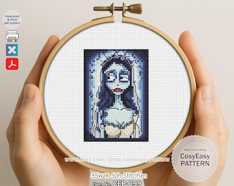 CEP-099 'Corpse Bride' Cross Stitch Pattern pdf Halloween Fantasy Skull Skeleton Movie Poster Modern