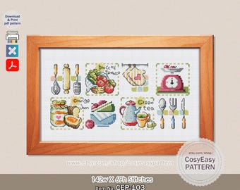 CEP-103 'Kitchen Sampler' Cross Stitch Pattern pdf Beginner Easy Modern cosyeasypattern