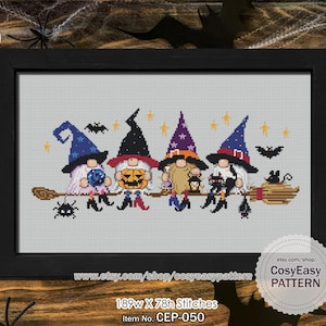 CEP-050 &#39;Halloween Gnome&#39; Cross Stitch Pattern pdf Gnome Modern Fairy Elf Sprite Pixie Cosy Easy Autumn Witch Holiday