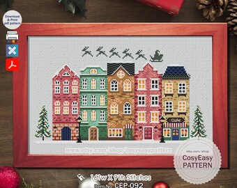 CEP-092 'Christmas Town' Cross Stitch Pattern pdf Santa Winter Tree Street Merry Holiday cosyeasypattern
