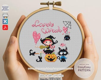 CEP-091 'A Witch' Cross Stitch Pattern pdf Halloween Pumpkin Trick or Treat Modern