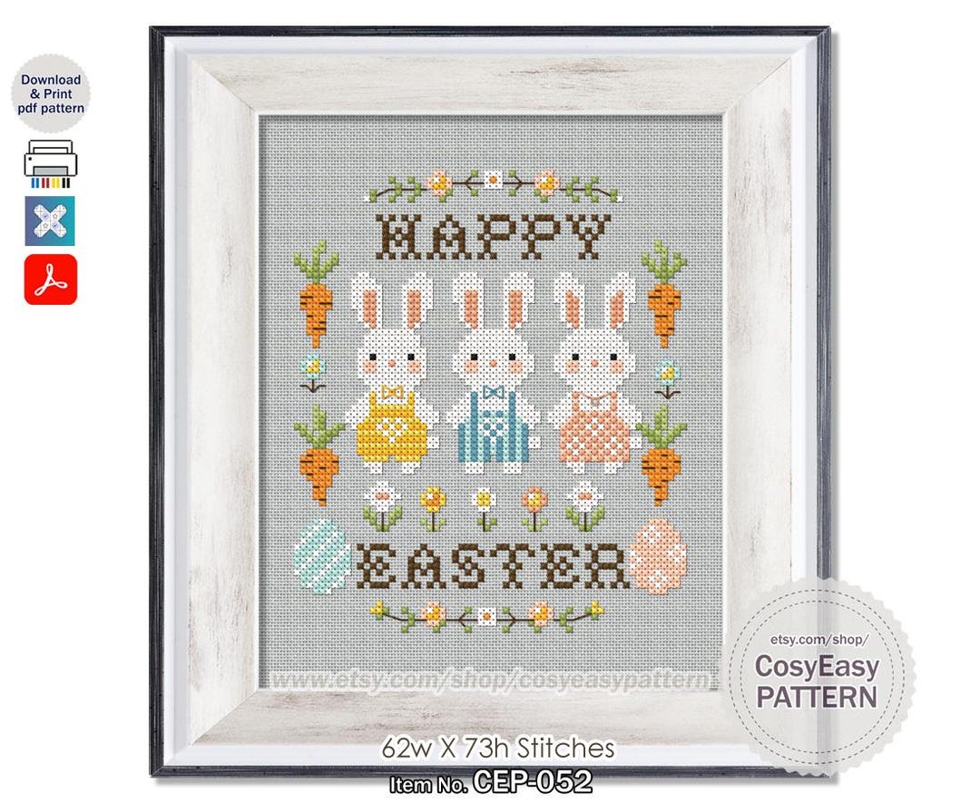 CEP-052 'happy Easter Rabbits' Cross Stitch Pattern Pdf Bunny ...