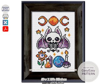 CEP-076 'A Noite Assustadora' Padrão de Ponto Cruz em PDF Morcego de Halloween Doces ou Travessuras cosyeasypattern