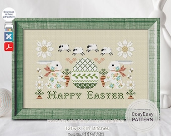 CEP-128 'Coelho da Páscoa' Padrão de Ponto Cruz em PDF Ovos Felizes