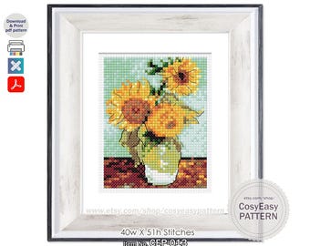 CEP-013 Patrón de punto de cruz en PDF «Jarrón con tres girasoles de Van Gogh» Mini obra maestra