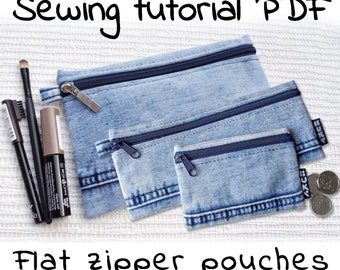 DIY instructions to make flat zipper pouch, makeup bag, pencil case, PDF sewing pattern and tutorial for beginners printable 3 sizes, lining