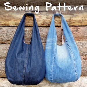 DIY handbag sewing pattern, slouchy jeans bag, hobo bag printable PDF pattern and instructions, easy photo tutorial download