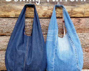 DIY handbag sewing pattern, slouchy jeans bag, hobo bag printable PDF pattern and instructions, easy photo tutorial download