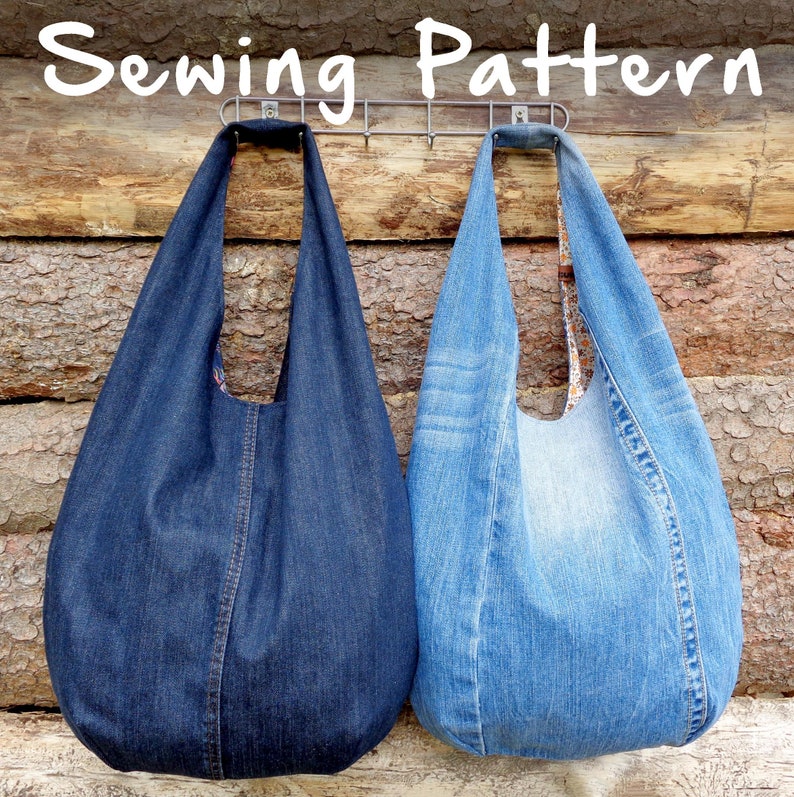 DIY handbag sewing pattern, slouchy jeans bag, hobo bag printable PDF pattern and instructions, easy photo tutorial download image 1