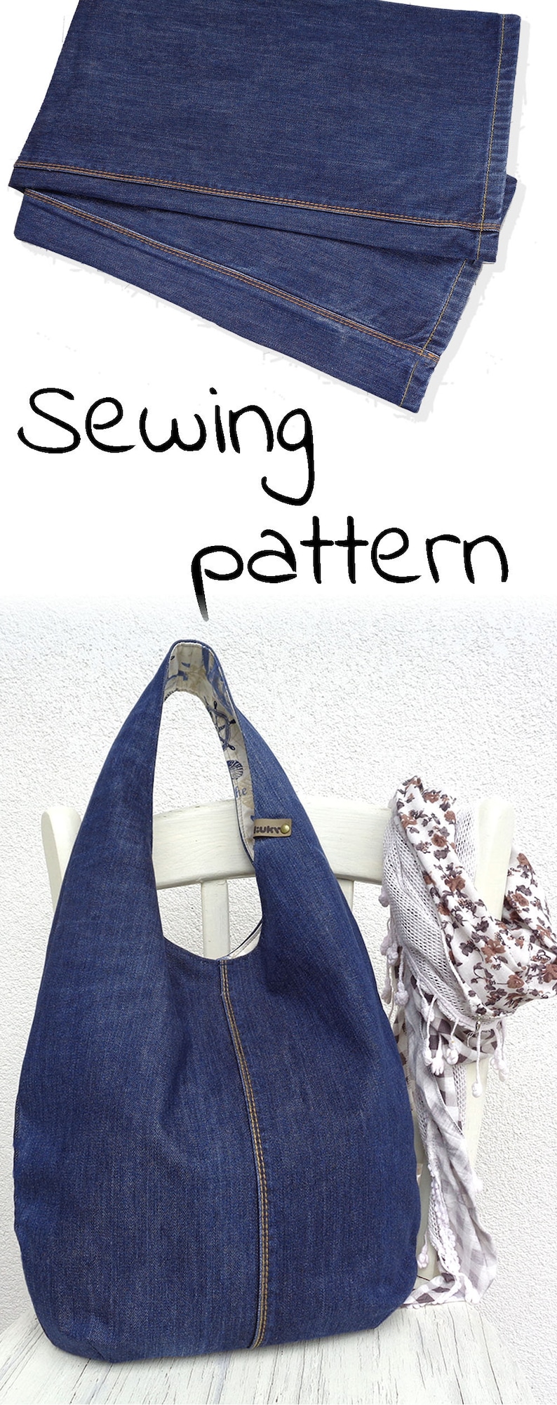 DIY handbag sewing pattern, slouchy jeans bag, hobo bag printable PDF pattern and instructions, easy photo tutorial download image 6