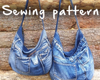 One pair of jeans bag sewing pattern, slouchy zipper bag DIY, 2 sizes, printable PDF pattern and instructions, easy photo tutorial download