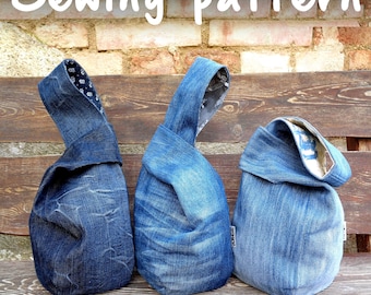 Japanese Knot Bag Sewing Pattern, Denim Wrist Bag DIY (PDF Pattern)