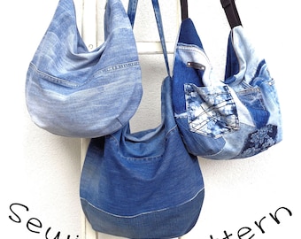 May include: Three denim bags in various shades of blue hang against a white background. The bags have shoulder straps and a casual, slouchy design. One bag features a patchwork design. The text "Sewing pattern" is visible.