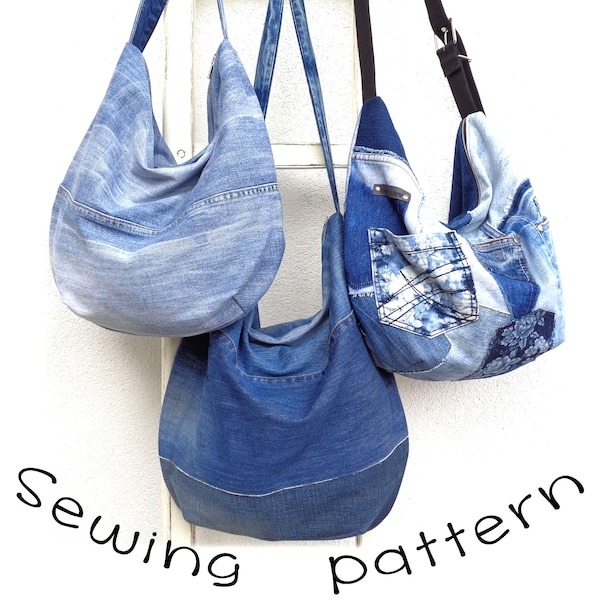 DIY zipped hobo bag sewing pattern, slouchy denim bag, 2 sizes, 3 styles jeans bag printable PDF pattern and instructions tutorial download
