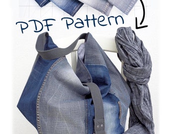 DIY handbag pattern, sewing soft oversized bag, large jeans bag printable PDF pattern for beginners, easy photo tutorial download