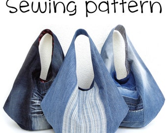 DIY large bag sewing pattern, slouchy jeans shoulder bag, hobo handbag printable PDF pattern and instructions, easy photo tutorial download