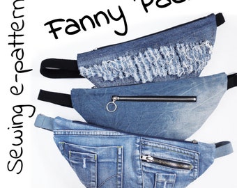 May include: Three denim fanny packs with different styles. The top pack has frayed edges, the middle pack has a zipper pocket, and the bottom pack has a large pocket and a smaller zipper pocket. The text "Fanny Pack" is written in black above the packs. The text "Sewing e-pattern" is written vertically on the left side of the image.