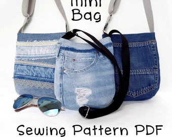 Sewing pattern to make mini bag, small denim bag DIY, tiny cross-body bag PDF pattern step by step easy instructions download and print