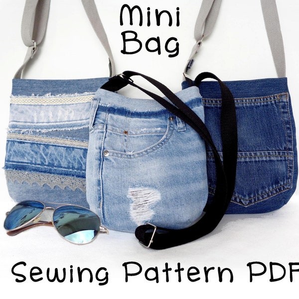 Sewing pattern to make mini bag, small denim bag DIY, tiny cross-body bag PDF pattern step by step easy instructions download and print