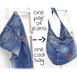 DIY denim bag sewing pattern, slouchy zipper bag, 2 sizes bag printable PDF pattern and instructions, easy photo tutorial download