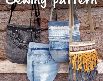 Sewing tutorial, printable pattern to make mini bag, small denim bag DIY, tiny cross-body bag PDF easy step by step instructions download