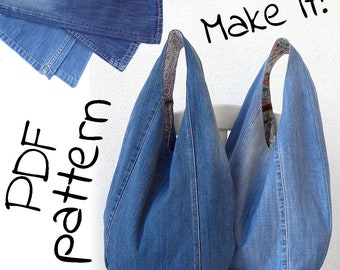 Handtas naaipatroon, DIY slouchy jeanstas, hobotas afdrukbaar PDF-patroon en instructies, eenvoudig downloaden van foto-tutorial