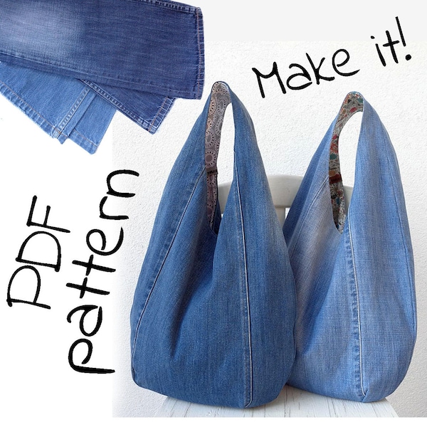 Handbag sewing pattern, DIY slouchy jeans bag, hobo bag printable PDF pattern and instructions, easy photo tutorial download