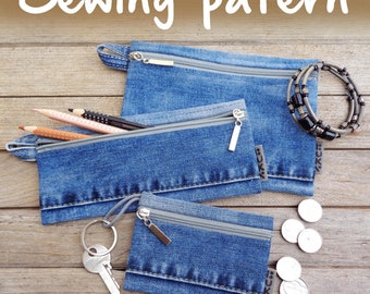 Sewing instructions DIY flat zipper pouch, makeup bag, pencil case, PDF pattern and tutorial for beginners printable 3 sizes with lining