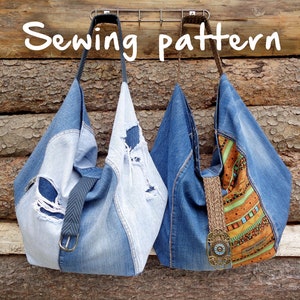 Schnittmuster für slouchy oversized Jeanstasche, Jeanshandtasche druckbare PDF-Tutorial für Anfänger, einfache Fotoanleitungen Download