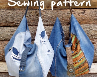 May include: Three denim tote bags hanging on a wooden wall. The bags are made from recycled denim and have different embellishments. The text "Sewing pattern" is written above the bags.