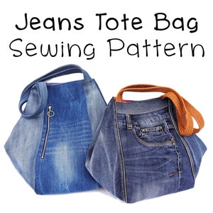 Tote bag sewing pattern, jeans handbag with folded sides, DIY denim bag printable PDF pattern and instructions, easy tutorial ebook download