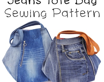 Tote bag sewing pattern, jeans handbag with folded sides, DIY denim bag printable PDF pattern and instructions, easy tutorial ebook download