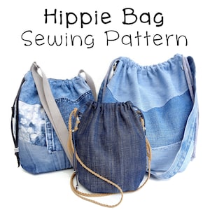 May include: Three denim bags with drawstring closures. The largest bag has a long strap and is made of patchwork denim. The medium bag has a shorter strap and is made of solid denim. The smallest bag has a brown cord strap and is made of solid denim.