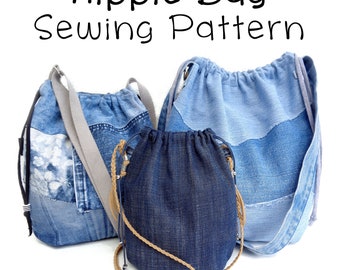 Draw-string shoulder soft bag PDF pattern. Easy sewing e-pattern, slouchy hippie bag DIY, easy instructions download and print