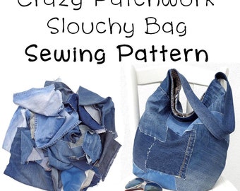 DIY denim bag pattern, slouchy shoulder bag, large bag printable PDF easy photo tutorial download, sewing for beginners, patchwork