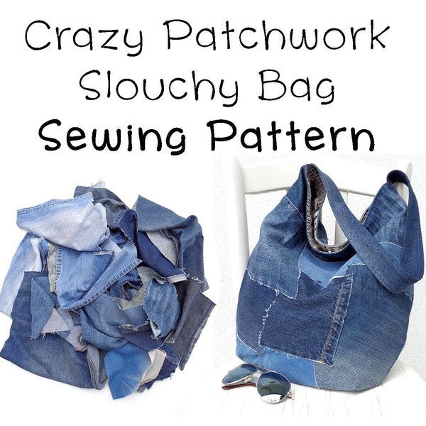 DIY denim bag pattern, slouchy shoulder bag, large bag printable PDF easy photo tutorial download, sewing for beginners, patchwork