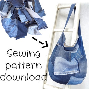 Denim Patchwork Slouch Bag Sewing Pattern, DIY Shoulder Bag (PDF Pattern)