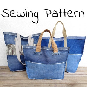 Reverse seams tote bag sewing pattern, jean handbag DIY, printable PDF pattern and instructions, easy tutorial ebook download for beginners