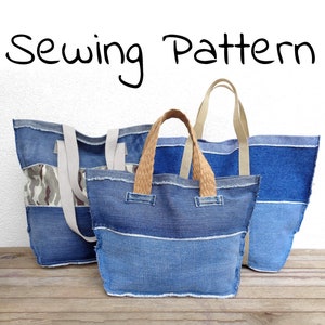 Rücknähte Stoffbeutel Schnittmuster, Jeanshandtasche DIY, druckbares PDF-Muster und Anleitungen, einfaches Tutorial-Ebook-Download für Anfänger
