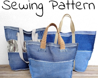 Reverse seams tote bag sewing pattern, jean handbag DIY, printable PDF pattern and instructions, easy tutorial ebook download for beginners