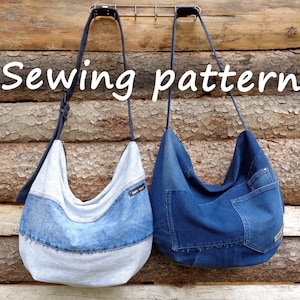 Sewing pattern for zipped hobo slouchy denim bag, 2 sizes, 3 styles recycle jeans bag print PDF pattern and instructions tutorial download