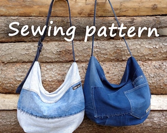 May include: Two denim tote bags hanging on a wooden wall. The bags are made from recycled denim and have a patchwork design. The bags have long straps and are a light blue and dark blue color.